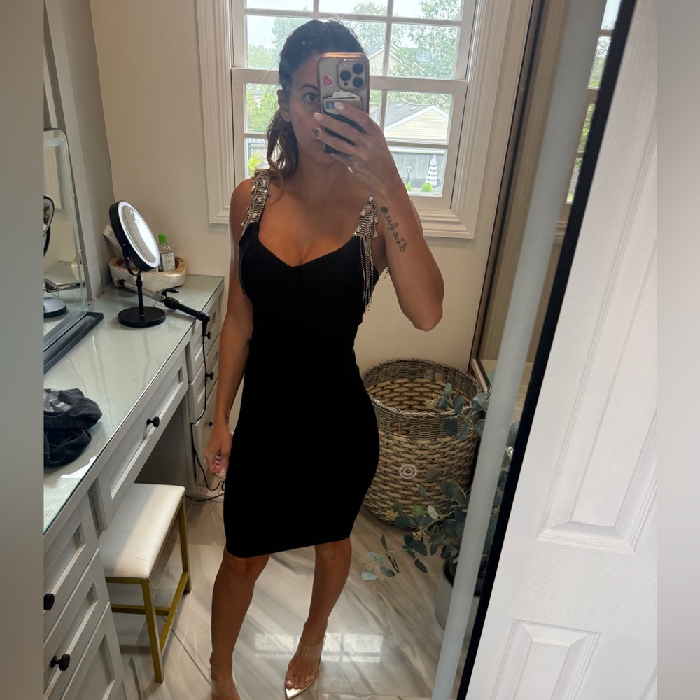 Elegant Black Dress with Embellished Straps